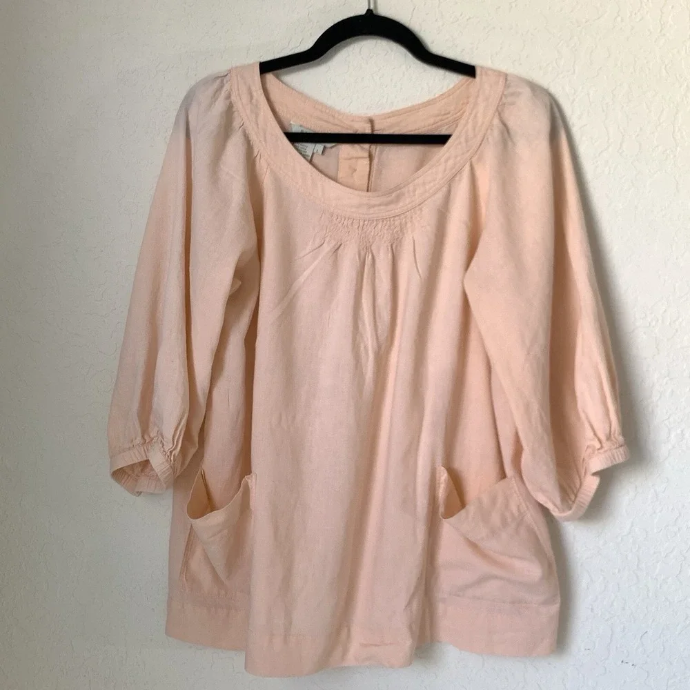 Sandro Shirt Women L Pink Peach Bow‎ Linen Beach Coastal Lagenlook Preppy Resort